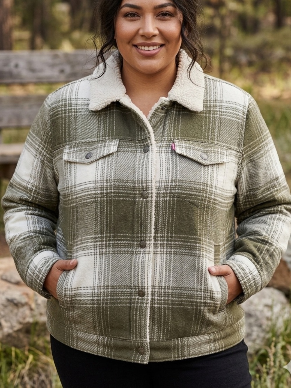 Leviโs Plaid Sherpa Trucker Jacket Warm Cozy Button Front